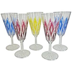 5 Vintage VMC Reims French Harlequin Fluted Champagne Glasses Set Cocktail Wine